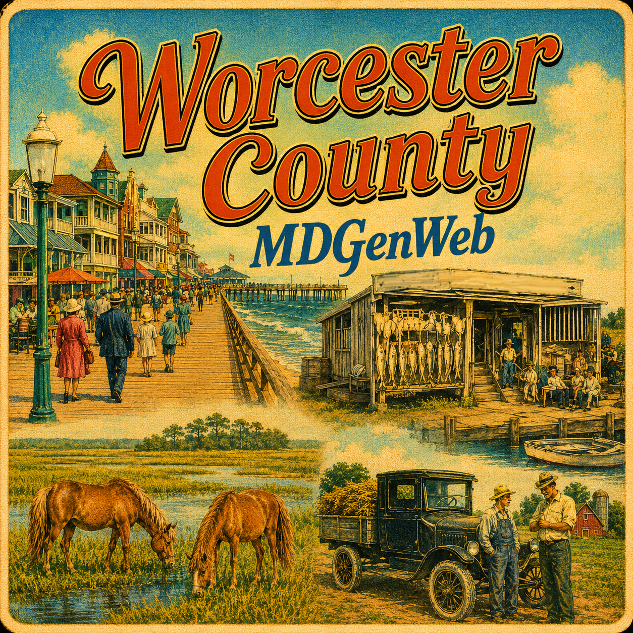 Worcester County MDGenWeb vintage postcard logo
