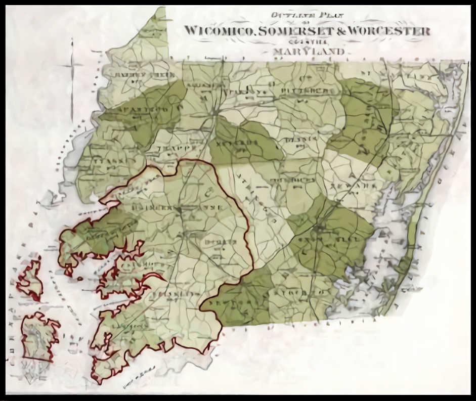 Historic map showing Wicomico, Somerset, and Worcester counties, with present-day Somerset outlined