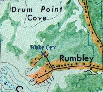 Map showing Blake Cemetery near Drum Point Cove and Rumbley
