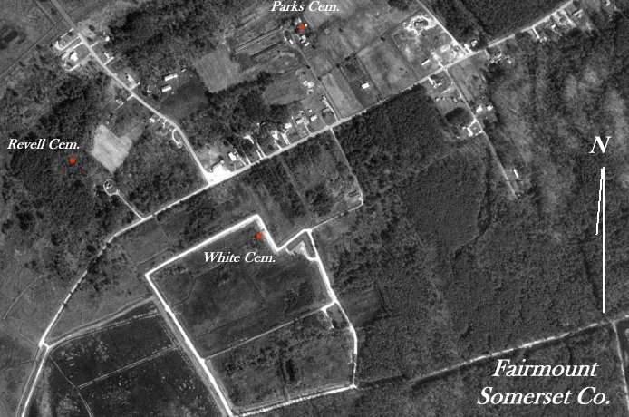 Aerial map locating the David Revell Cemetery in the Fairmount area