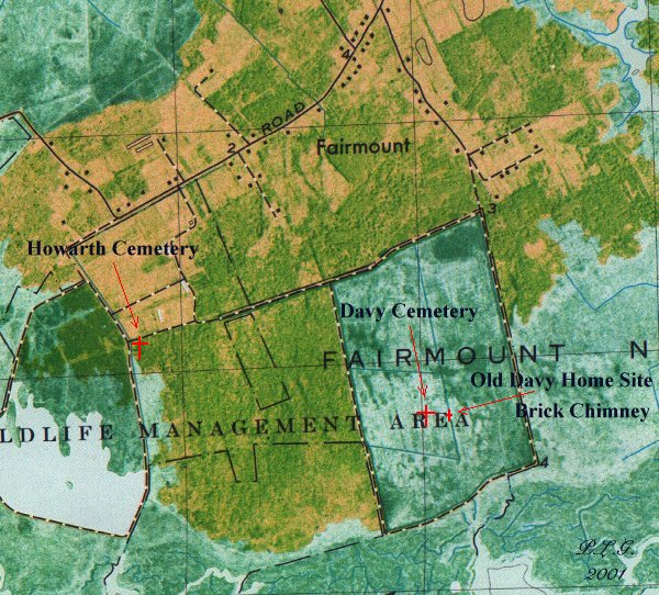 Contributor map showing Davy Cemetery and the old Davy homesite in the Fairmount Wildlife Management Area