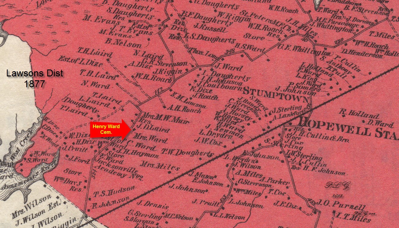 1877 map of Henry Ward cemetery area