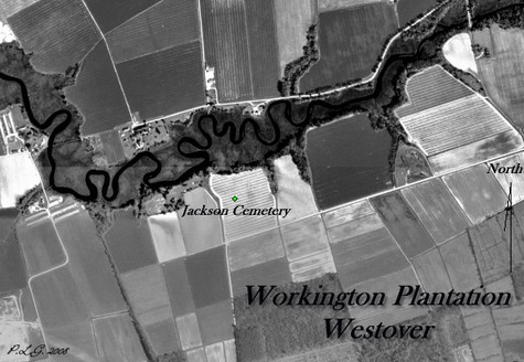 Aerial location map of Jackson Cemetery within Workington Plantation
