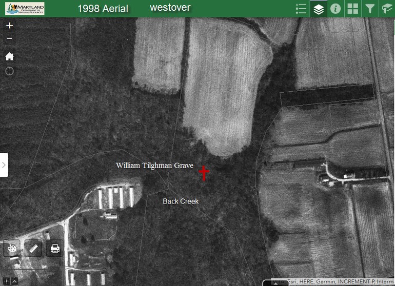 1998 aerial image marking the Back Creek burial site