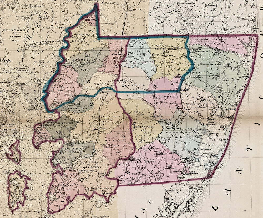 Historic map showing Wicomico County formed from portions of Somerset and Worcester counties