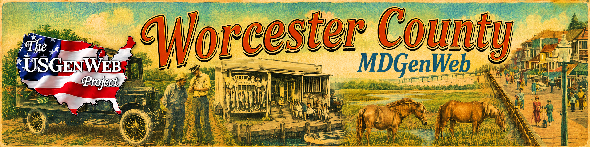 Worcester County MDGenWeb vintage postcard banner featuring farming, fishing, Assateague horses, and Ocean City